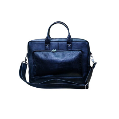 Front view of men’s black leather office laptop bag with shoulder strap, made from genuine leather for professional use