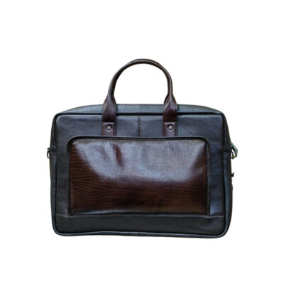 Front view of men’s dark brown leather office laptop bag made from genuine leather, suitable for business and professional use