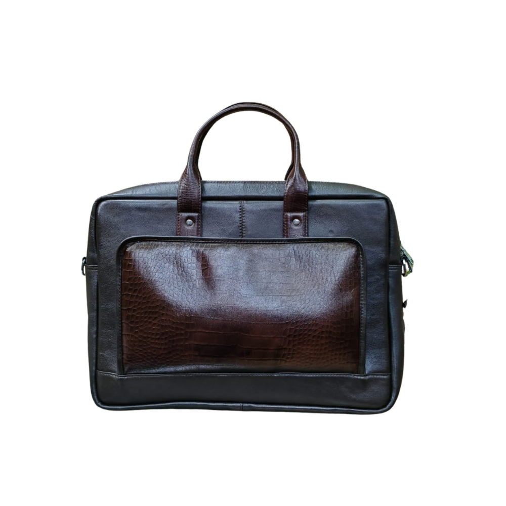 Front view of men’s dark brown leather office laptop bag made from genuine leather, suitable for business and professional use