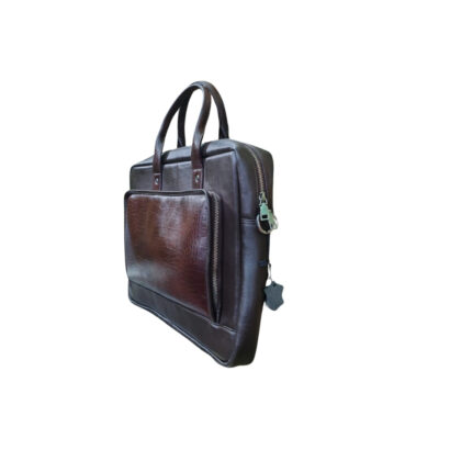 Side view of men’s dark brown leather office laptop bag made from genuine leather, showing slim profile and zipper closure