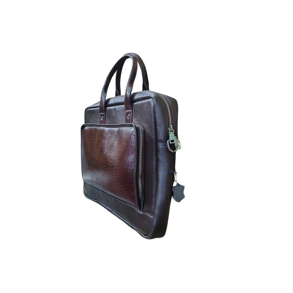 Side view of men’s dark brown leather office laptop bag made from genuine leather, showing slim profile and zipper closure