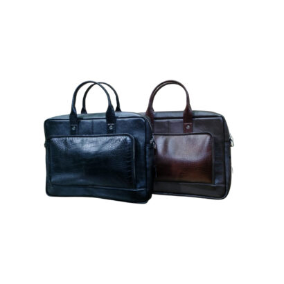 Men’s premium leather office laptop bag in black and dark brown, made in Bangladesh, suitable for business and corporate use