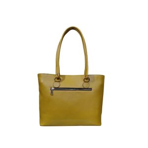 Mustard yellow genuine leather tote bag with shoulder handles and front zip pocket, handmade in Bangladesh