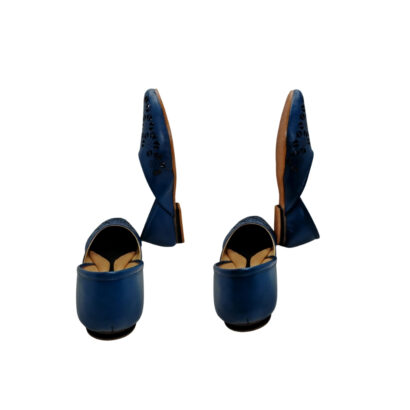 Side and back view of blue handcrafted leather nagra shoes for ladies with laser-cut design by Shabab Leather