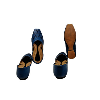 Top, back and sole view of blue handcrafted leather nagra shoes for ladies by Shabab Leather
