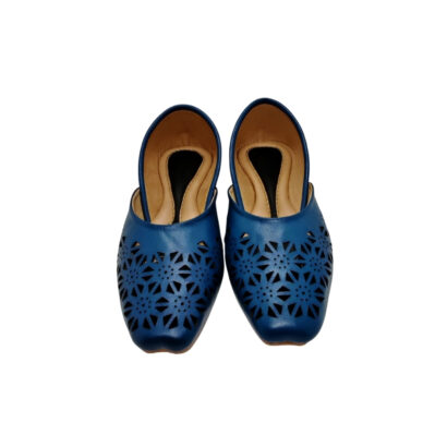 Blue handcrafted leather nagra shoes for ladies with laser-cut floral design by Shabab Leather