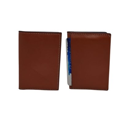 Tan leather card holder front and back view with slim minimalist design and premium finish by Shabab Leather