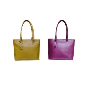 Women’s genuine leather tote bag with double shoulder handles in mustard yellow and magenta, suitable for office and daily use
