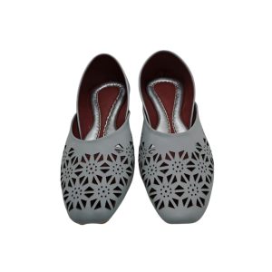 Women’s grey leather Nagra shoe with laser-cut design and comfortable slip-on fit by Shabab Leather
