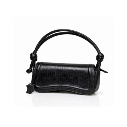 Black crocodile embossed leather shoulder handbag with curved flap and knotted straps on white background