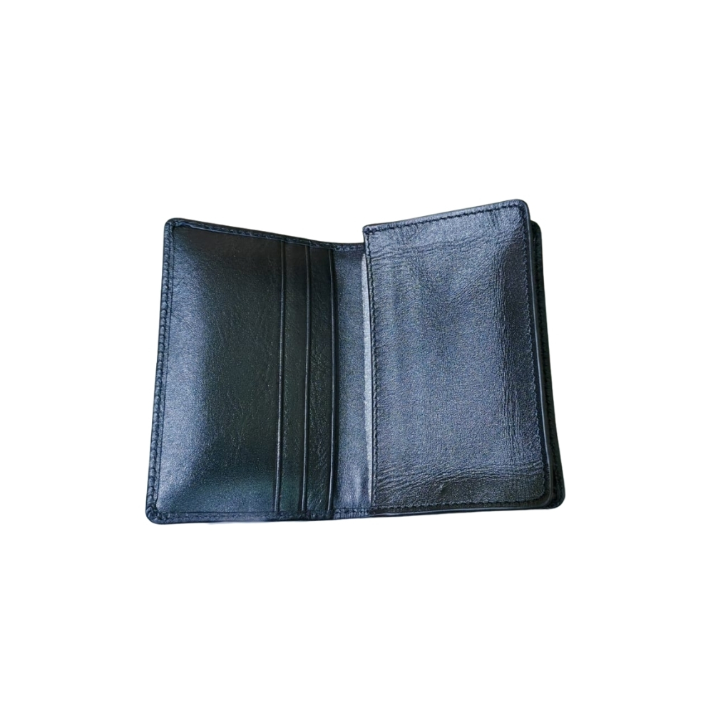 Interior view of black genuine leather card holder showing multiple card slots and slim design