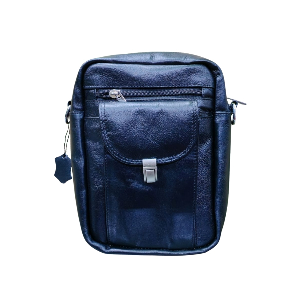 Black genuine leather messenger bag with front flap pocket and zipper compartment, handcrafted crossbody bag made in Bangladesh