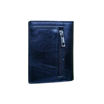 Compact black leather wallet with front vertical zipper pocket and smooth finish.