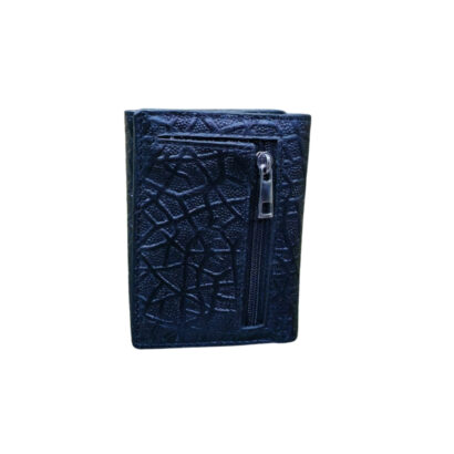 Compact black textured leather wallet with front vertical zipper pocket and embossed pattern design.