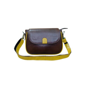 Brown ladies leather crossbody handbag full view with adjustable strap and premium finish