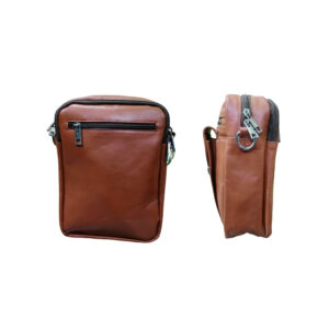 Back and side view of brown genuine leather messenger bag with zipper pocket and adjustable shoulder strap, handcrafted in Bangladesh