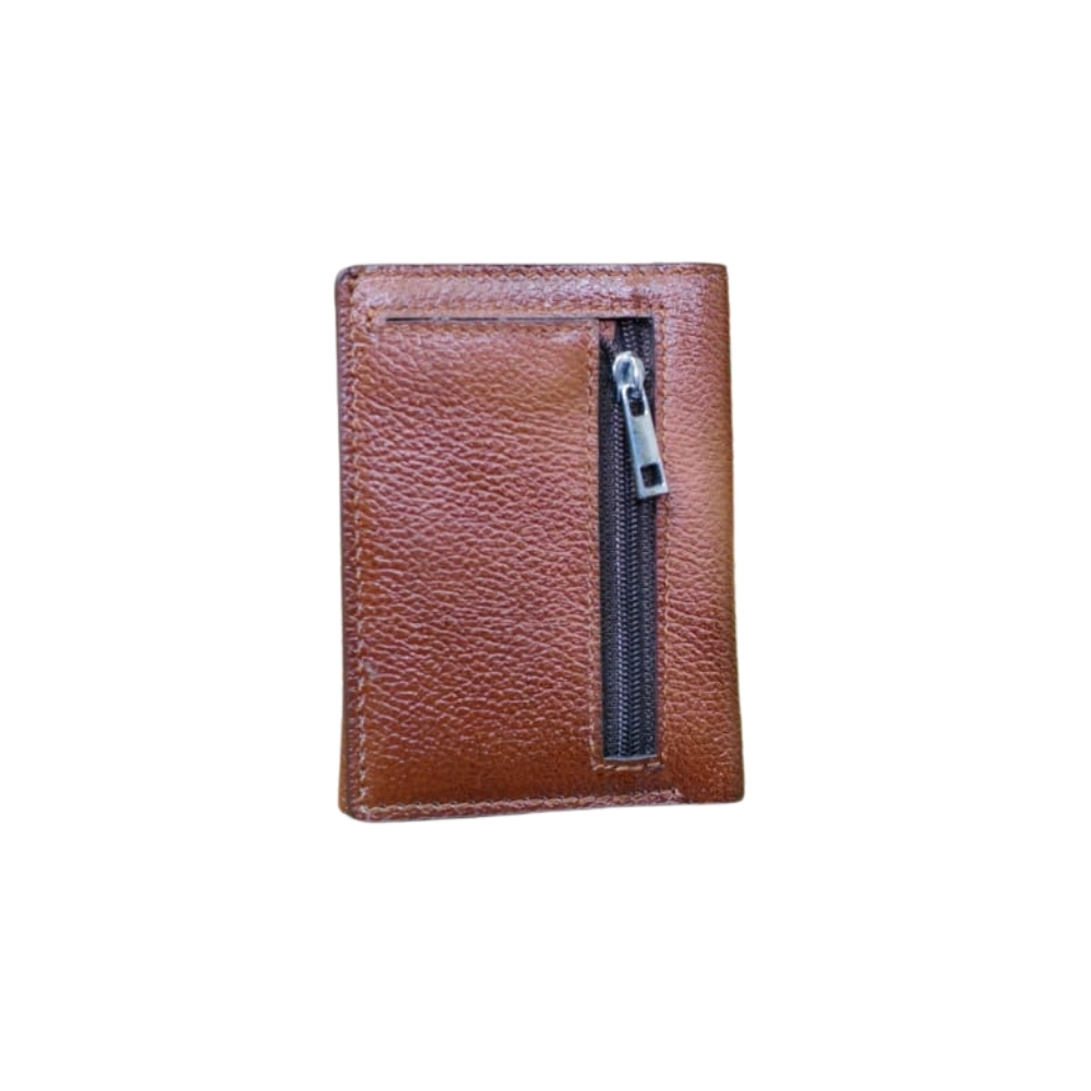 Compact brown leather wallet with front vertical zipper pocket and textured finish.