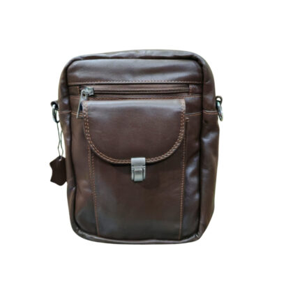 Dark brown genuine leather messenger bag with front flap pocket and zipper compartment, handcrafted crossbody bag from Bangladesh