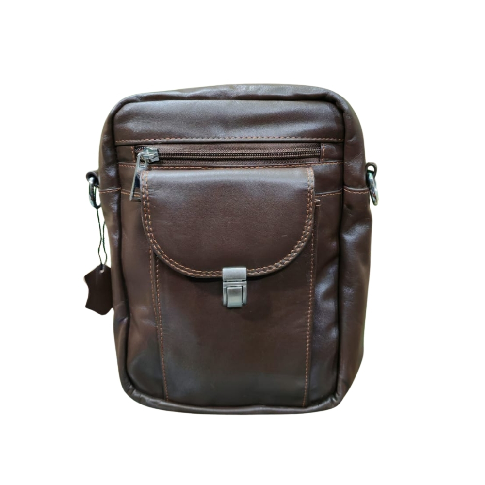 Dark brown genuine leather messenger bag with front flap pocket and zipper compartment, handcrafted crossbody bag from Bangladesh
