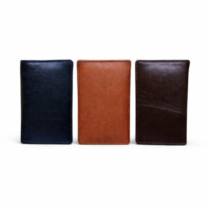 Three genuine leather card holders in black, light brown, and dark brown colors on white background