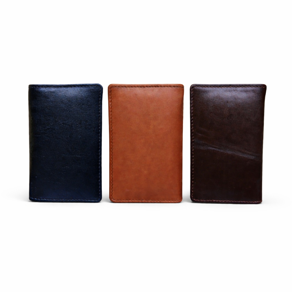 Three genuine leather card holders in black, light brown, and dark brown colors on white background