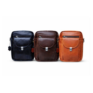 Three genuine leather messenger bags in black, dark brown, and brown displayed on white background, handmade in Bangladesh