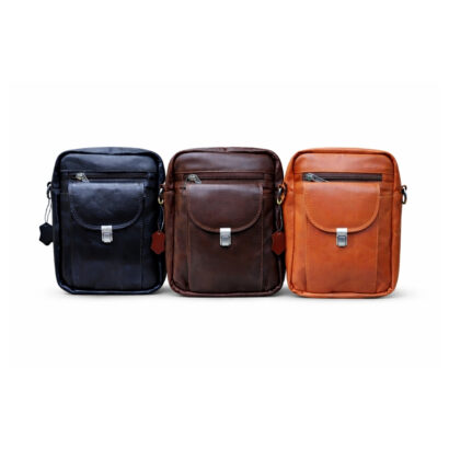 Three genuine leather messenger bags in black, dark brown, and brown displayed on white background, handmade in Bangladesh