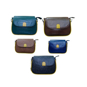 Stylish ladies leather crossbody handbag in blue, brown and green colors with elegant design