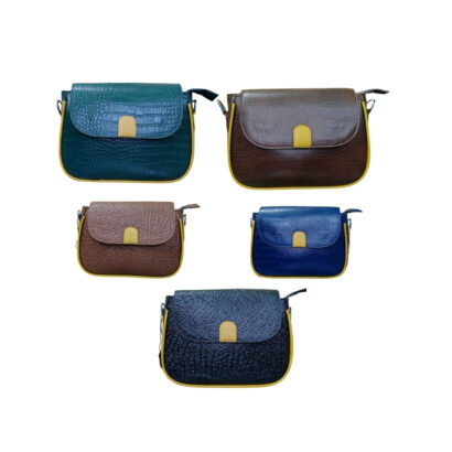 Stylish ladies leather crossbody handbag in blue, brown and green colors with elegant design