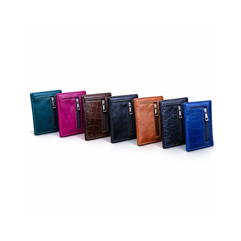 Premium leather zipper wallet available in multiple colors including teal, pink, brown, black, tan, navy, and blue.