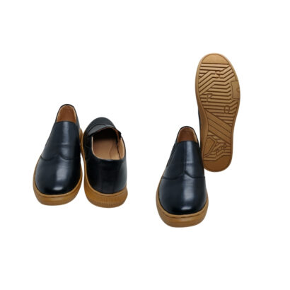 Front, back, and sole view of men’s black genuine leather slip-on shoes with textured anti-slip outsole on white background