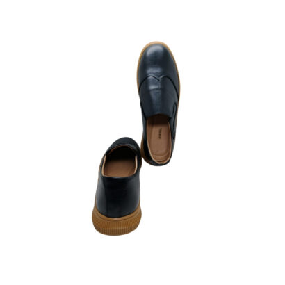 Top and back view of men’s black genuine leather slip-on shoes with comfortable sole on white background
