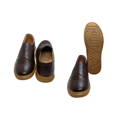 Front, back, and sole view of men’s brown genuine leather slip-on shoes with anti-slip textured outsole on white background