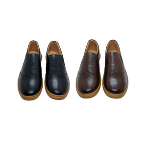Men’s genuine leather slip-on shoes in black and dark brown colors with comfortable sole, displayed on white background