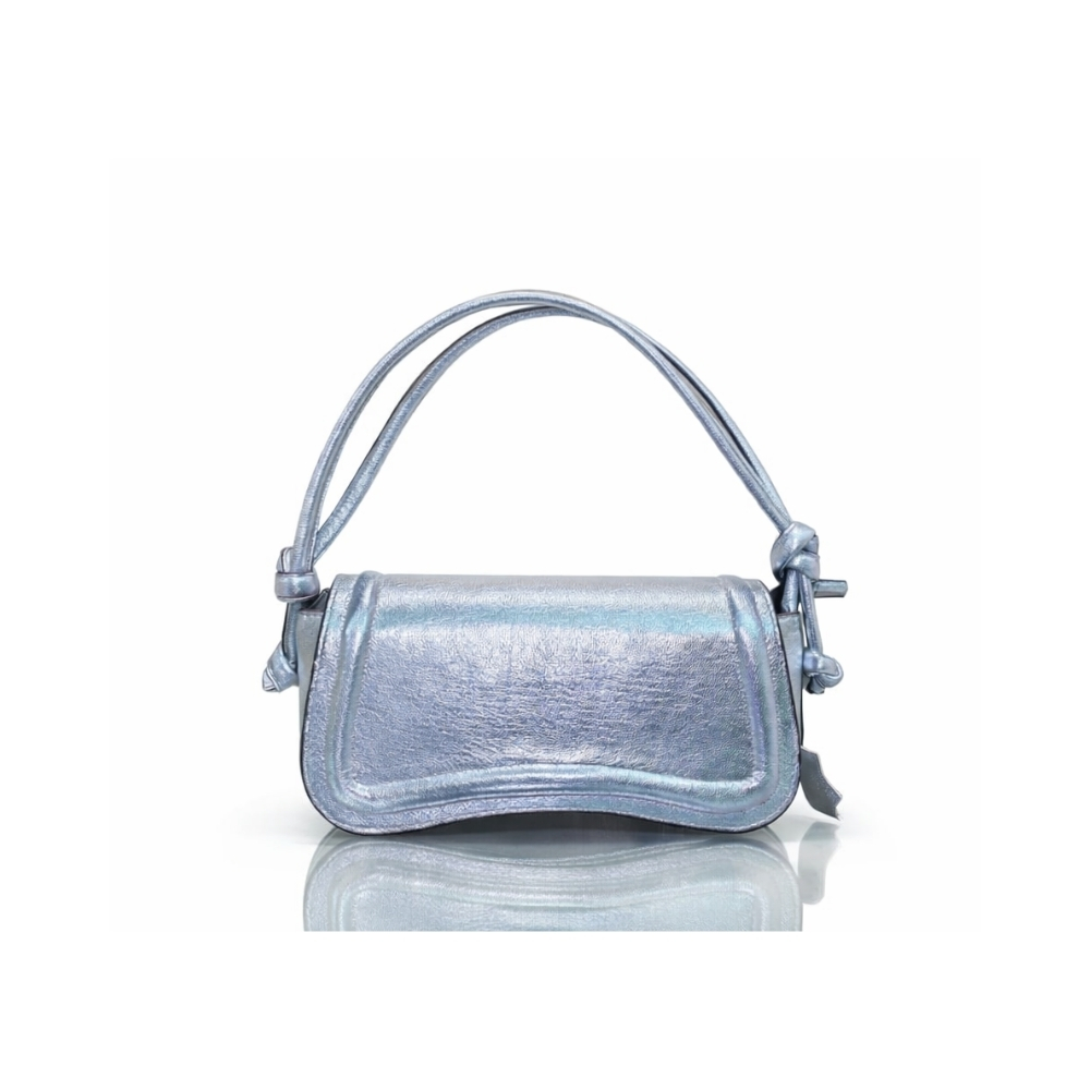 Metallic silver leather shoulder handbag with curved flap and knotted straps on white background