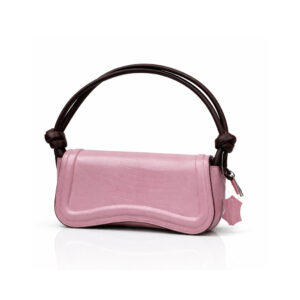 Pink leather shoulder handbag with curved flap and dark brown knotted straps on white background