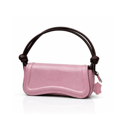 Pink leather shoulder handbag with curved flap and dark brown knotted straps on white background