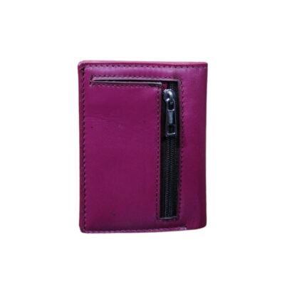 Compact pink leather wallet with front vertical zipper pocket and smooth finish.