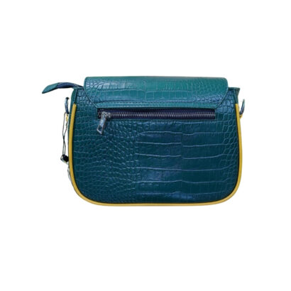 Teal green ladies leather crossbody handbag back view with crocodile texture and zipper pocket
