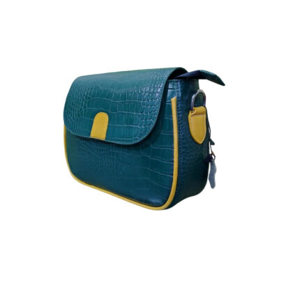 Teal green ladies leather crossbody handbag side angle view with crocodile texture and premium finish