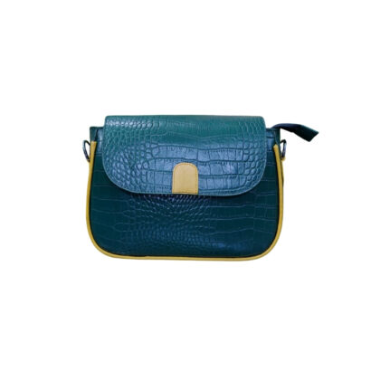 Teal color ladies leather crossbody handbag with crocodile texture and premium finish