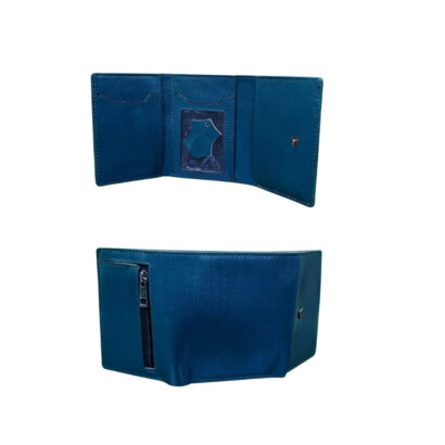 Teal genuine leather wallet showing interior card slots, transparent ID window, snap button pocket, and back zipper pocket.