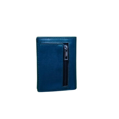Compact teal leather wallet with front vertical zipper pocket and textured finish.