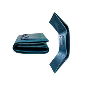 Teal leather zipper wallet showing folded side profile and inside card slots with ID window.
