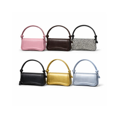 Collection of women’s leather shoulder bags in pink, brown, black, polka dot, gold, and silver colors